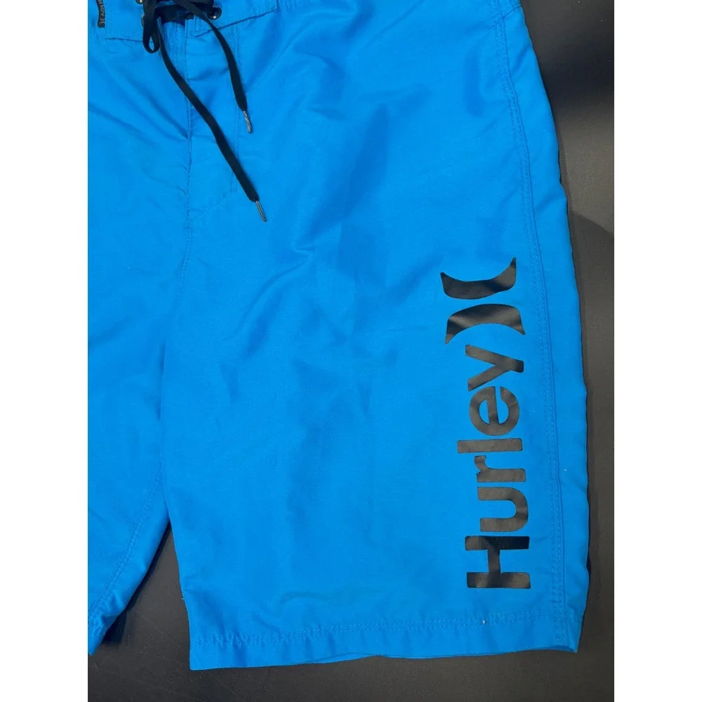 Hurley Mens Blue Board Shorts Swim Trunks Size 32 Logo Graphic Surf Shorts